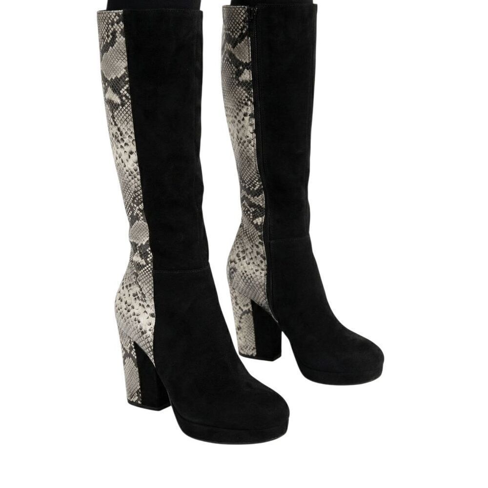 POUR LA VICTOIRE Tall Snakeskin Black Suede Heeled Knee High Boot Size 7.5